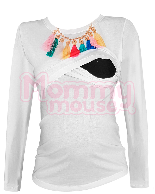 Blusa maternidad-lactancia Manga Larga. Collar pompón colores