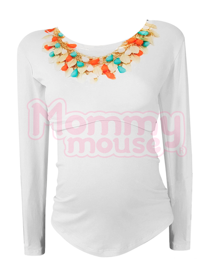 Blusa maternidad-lactancia Manga Larga. Collar gotas plumas