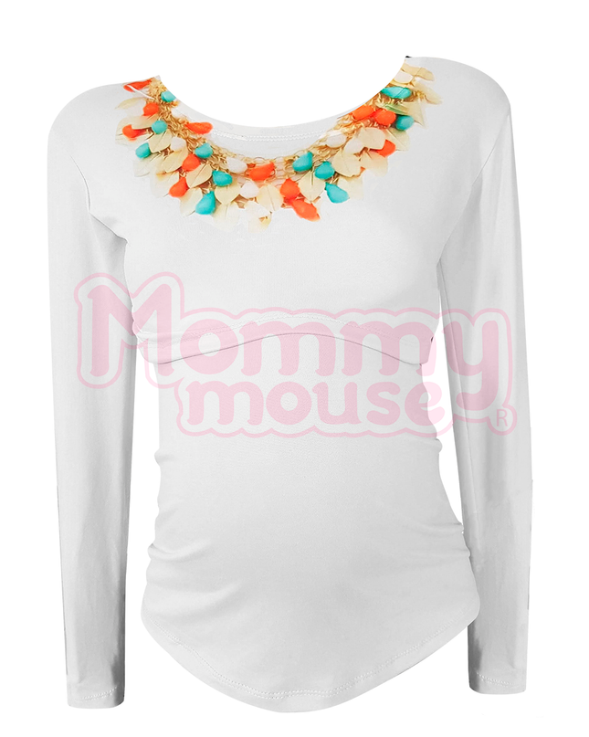 Blusa maternidad-lactancia Manga Larga. Collar gotas plumas