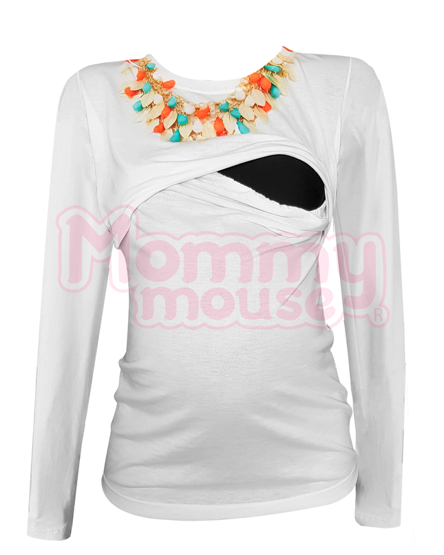 Blusa maternidad-lactancia Manga Larga. Collar gotas plumas