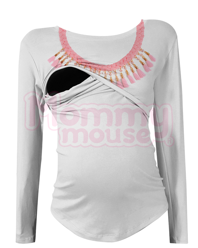 Blusa maternidad-lactancia Manga Larga. Collar rosa
