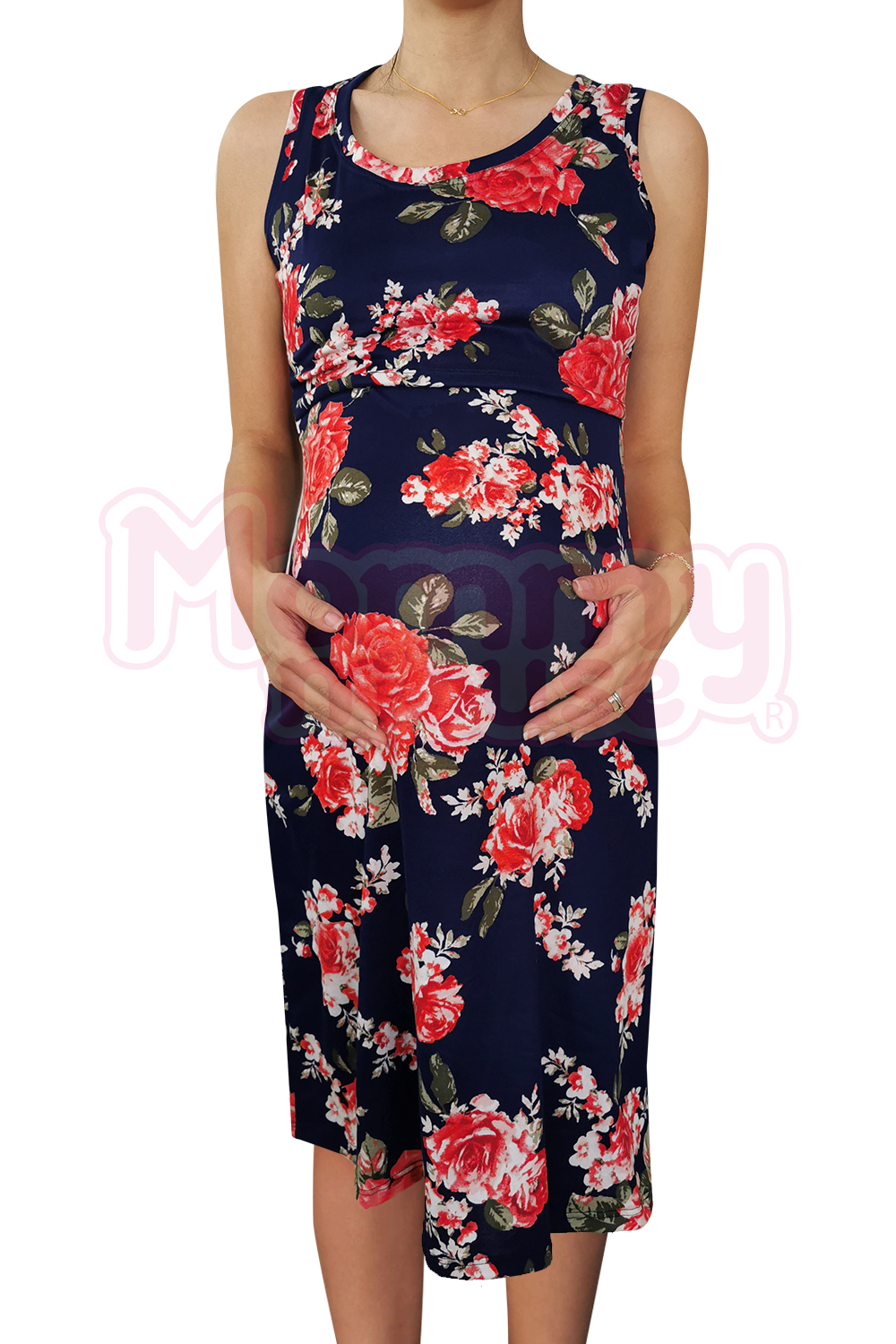 Vestido sin manga maternidad-lactancia. Marino Flores rojas