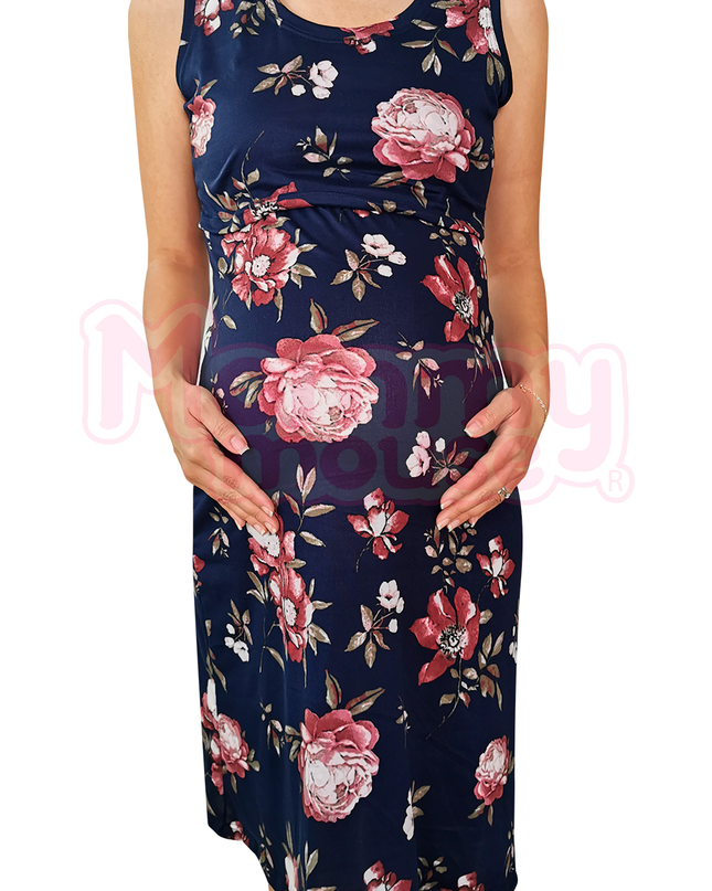 Vestido sin manga maternidad-lactancia. Marino Flores rosas