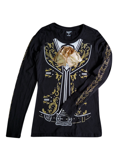 Playera Dama manga larga. Charro dorado moño real
