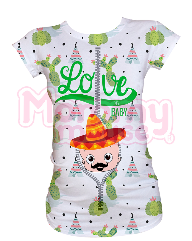 Blusa maternidad manga corta Full Print. Love baby charrito