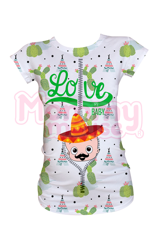 Blusa maternidad manga corta Full Print. Love baby charrito