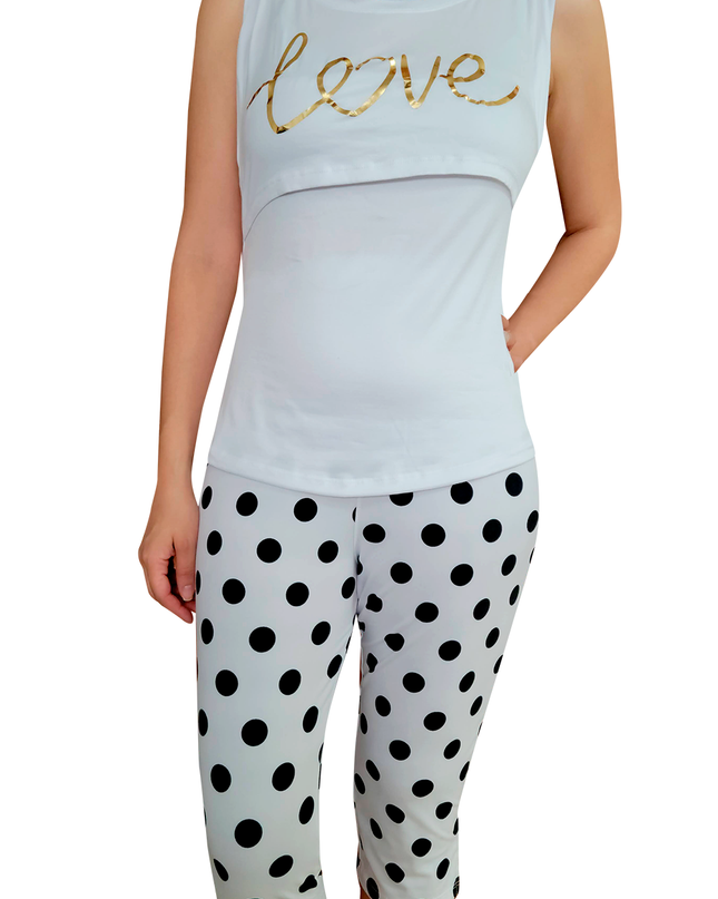 Pijama maternidad-lactancia capri. Love Black Dots