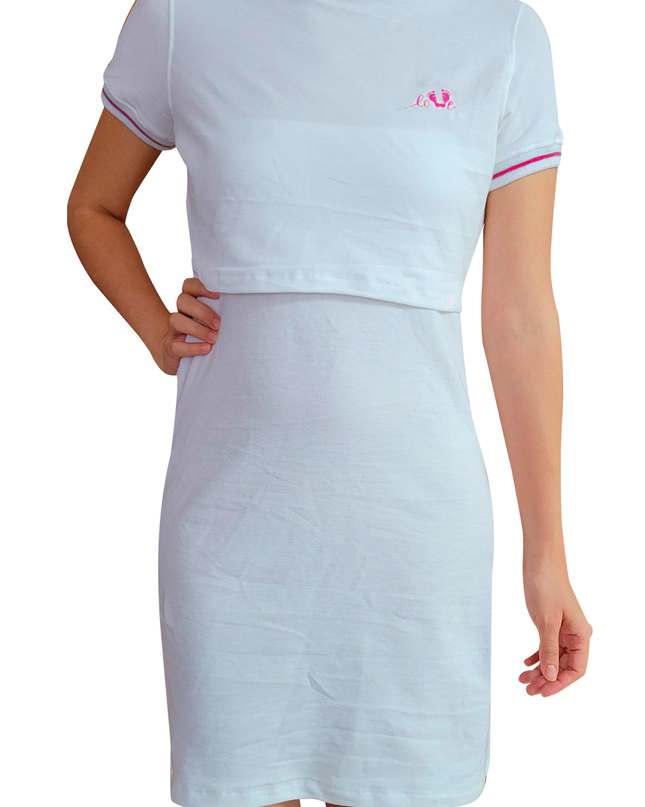 Vestido piqué cuello deportivo lactancia BLANCO. Piecitos love rojo